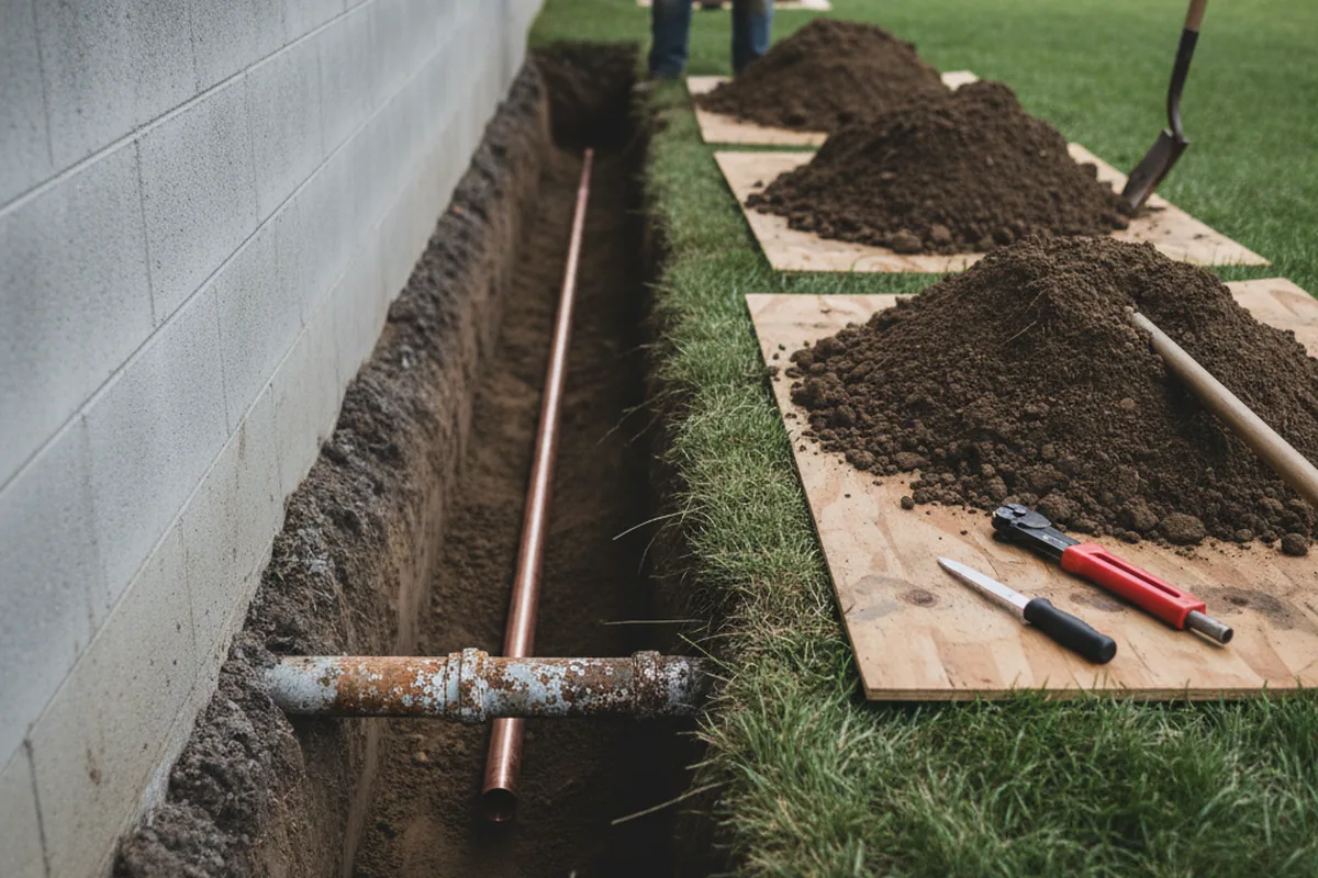 Excavated water line trench during Sewer Line Repair in Sebeka